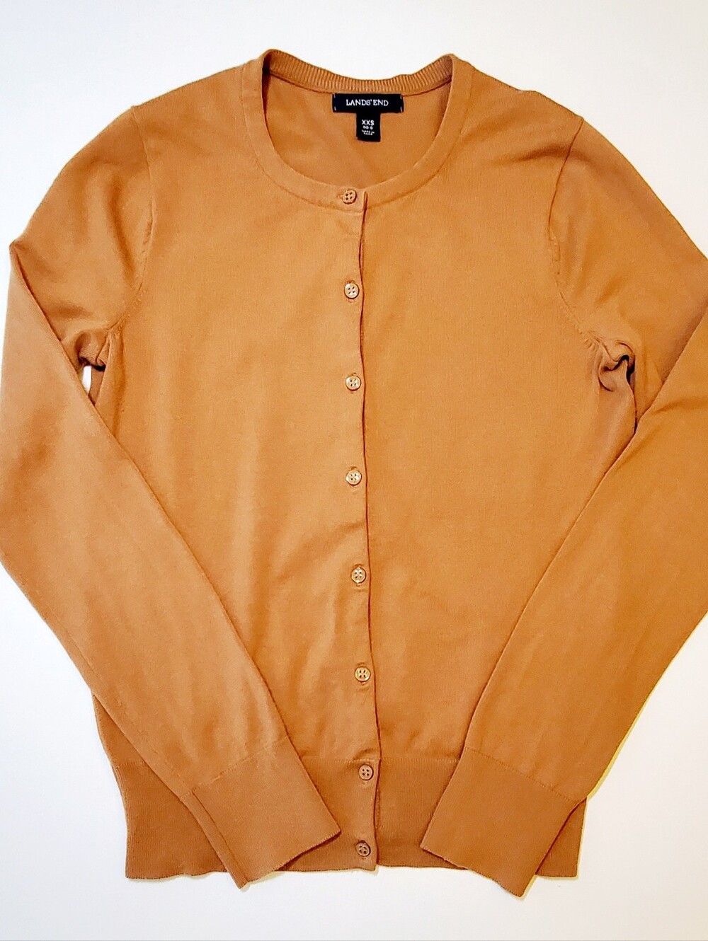 Lands End Camel Tan Supima Cotton Cardigan, XXS 00-0
